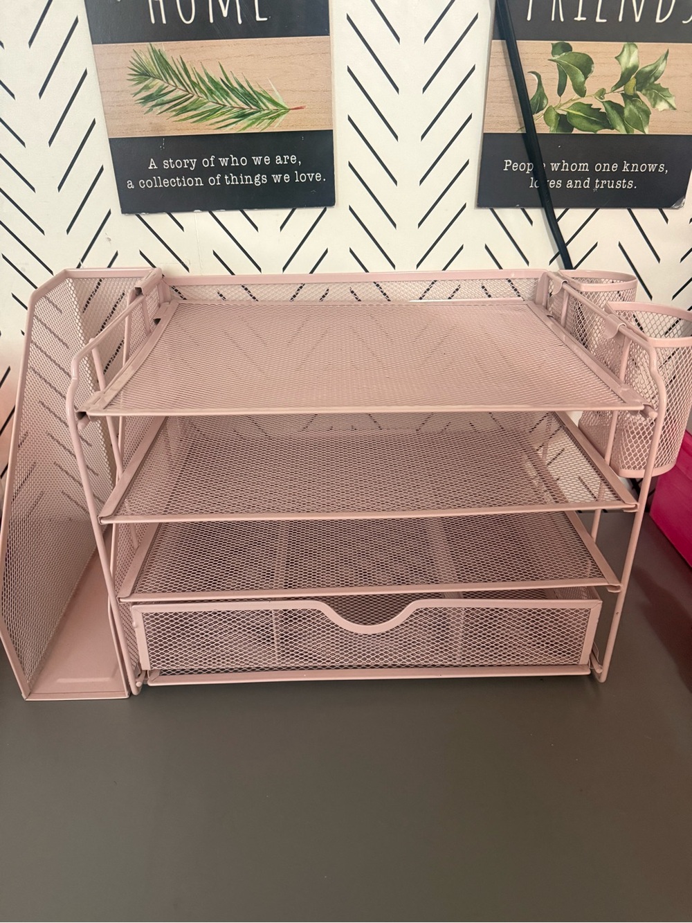 Pink Mesh Desktop Organizer with Drawer and Pen Holders
